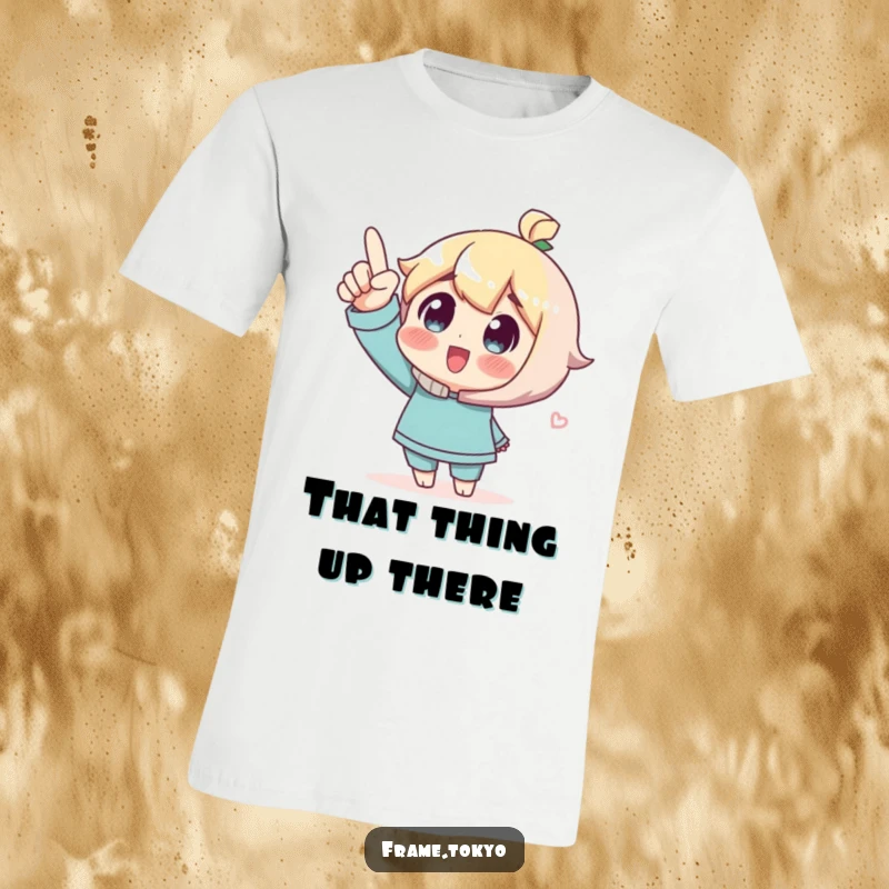 Funny T-Shirt featuring a character joyfully pointing upwards with a look of pure wonder and excitement, inspiring awe.