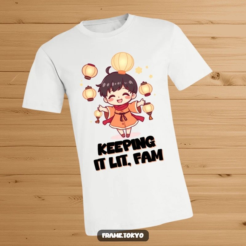 Funny tiny juggler t-shirt featuring a cheerful character enthusiastically juggling bright glowing lanterns, full of wonder.