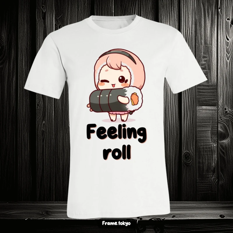 Funny t-shirt featuring a character winking and holding a long sushi roll, perfect for humorous foodies and sushi enthusiasts.