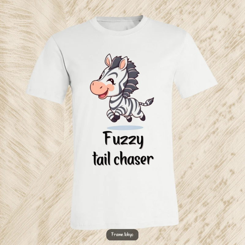 Funny zebra t-shirt; a joyful zebra energetically chases its own striped tail, full of happiness.