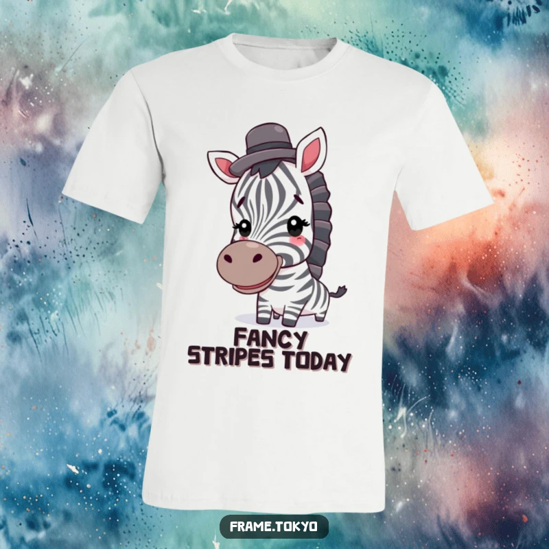 Funny zebra t-shirt; a smiling zebra proudly wears a tiny top hat, looking exceptionally cheerful and stylish.