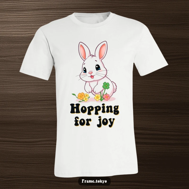 Funny t-shirt depicting a rabbit with a twitching nose, joyfully chasing a vibrant, bouncing clover, exuding playful energy.