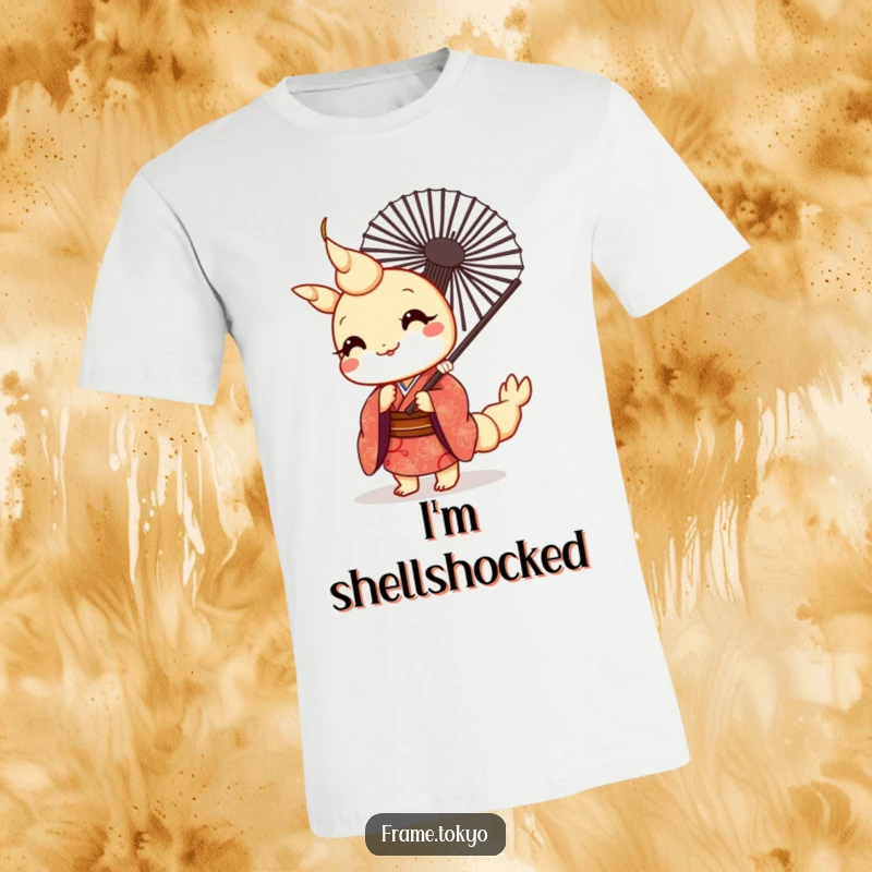 Funny kawaii tempura shrimp wearing a patterned kimono, peeking from behind a fan, printed on a comfortable t-shirt.