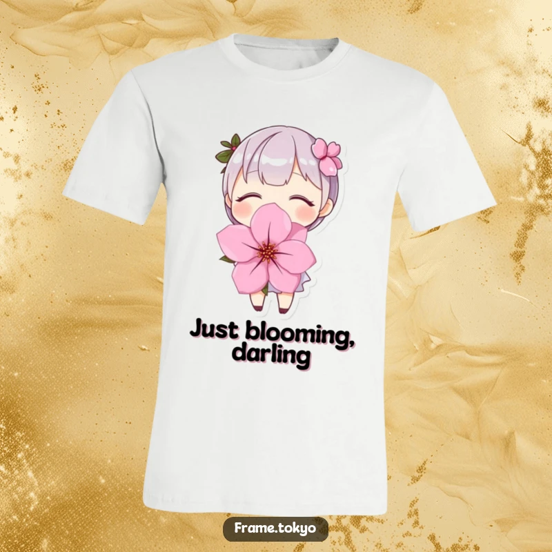 Funny T-Shirt: A character with eyes closed and a big smile, tenderly holding a large, colorful cherry blossom.