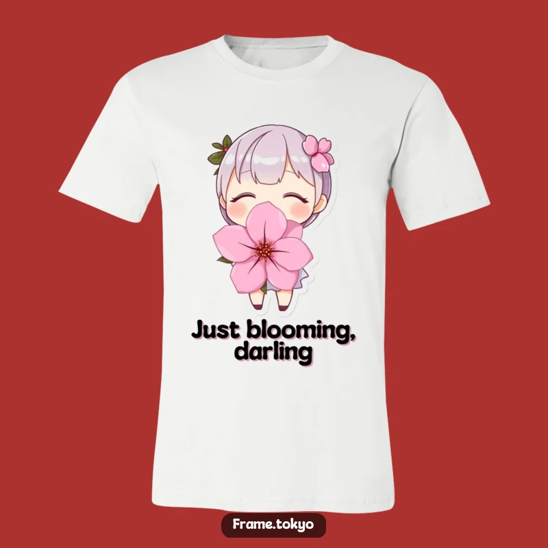 Funny Cherry Blossom Tee: Joyful Character Hugging Bloom, Comfortable & Humorous Apparel