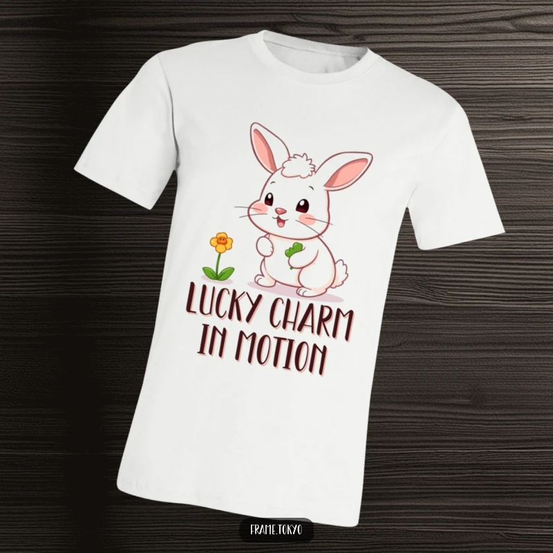 Funny t-shirt depicting a rabbit with a twitching nose, playfully chasing after a vibrant, bouncing clover.