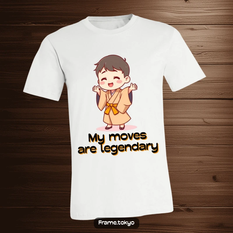 Funny t-shirt featuring a small, happy character in a Japanese robe performing a silly, energetic dance.