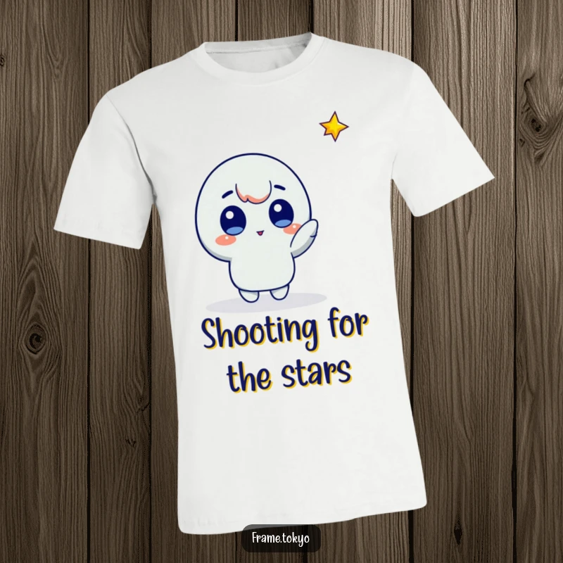 Funny star gazer t-shirt showing a character with wide eyes pointing at a bright falling star, full of wonder.