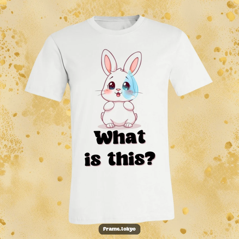 Funny t-shirt depicting a rabbit with a wide-eyed, surprised expression looking up at a huge, floating dewdrop.
