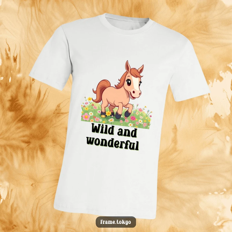Funny excited horse t-shirt, playfully bucking in a meadow of flowers, symbolizing pure joy and exuberant energy for the wearer.