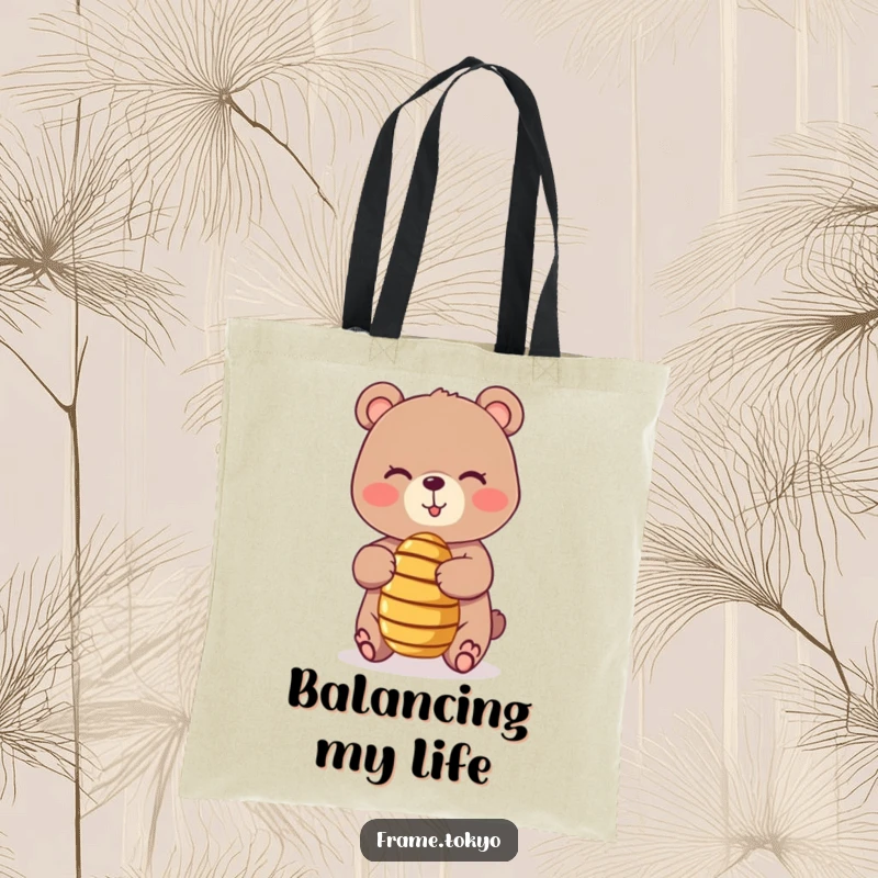 Funny tote bag with a playful, winking bear balancing a tiny, spinning honey dipper, perfect for carrying items with sweet humor.
