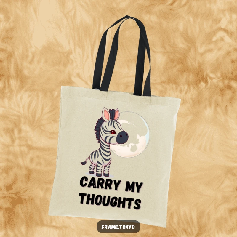 Funny zebra tote bag, curious head tilt, sniffing a large iridescent bubble, showcasing a whimsical and lighthearted mood.