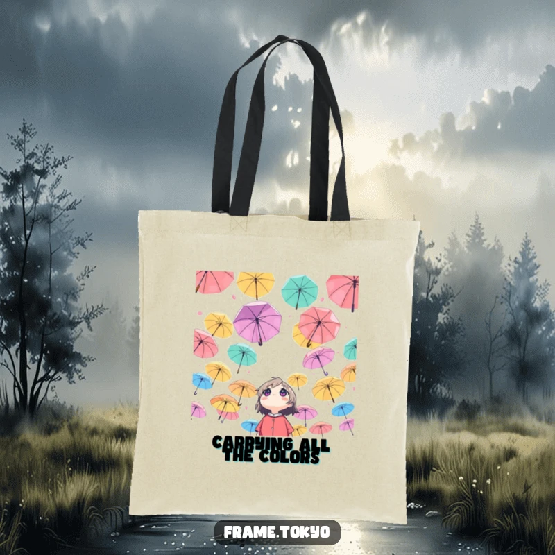 Funny Character Tote Bag: Character looking up at a sky of colorful umbrellas, a whimsical and practical accessory.
