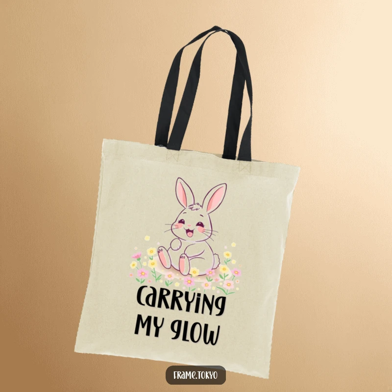 Funny tote bag showing a happy rabbit with a wide grin rolling in a field of tiny, glowing flowers, perfect for shopping.