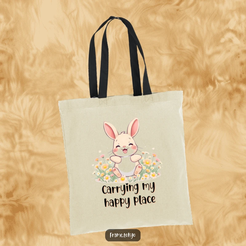 Funny tote bag showcasing a rabbit with a wide grin, blissfully rolling in a field of tiny, glowing flowers.