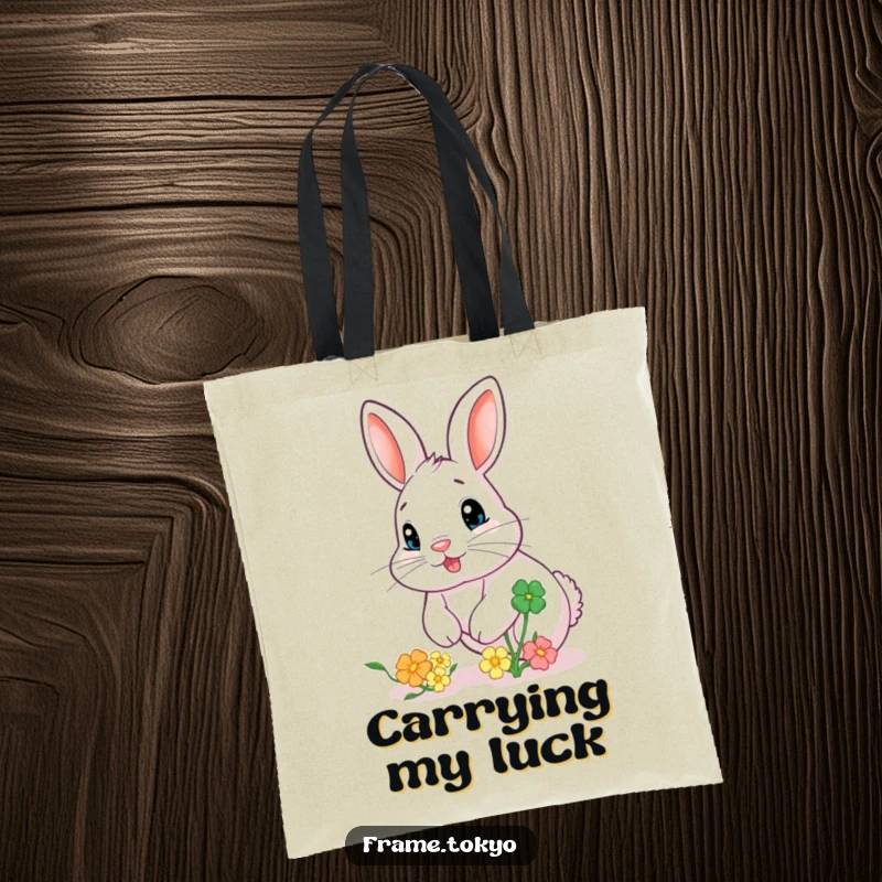 Funny tote bag showing a rabbit playfully nose-twitching while chasing a bouncing, colorful clover, perfect for carrying treasures.