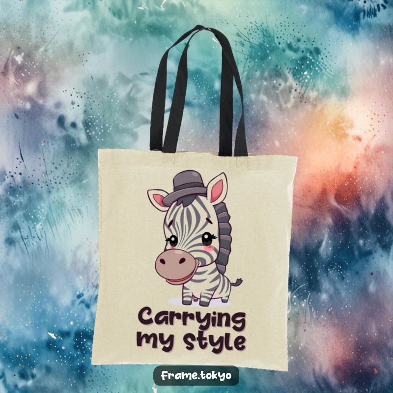 Funny zebra tote bag; a smiling zebra sports a tiny top hat, ready for any stylish outing.