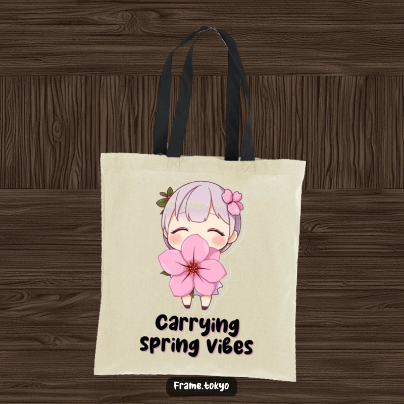 Funny Tote Bag: A character beaming with a smile, holding a large, vibrant cherry blossom, ready for errands.