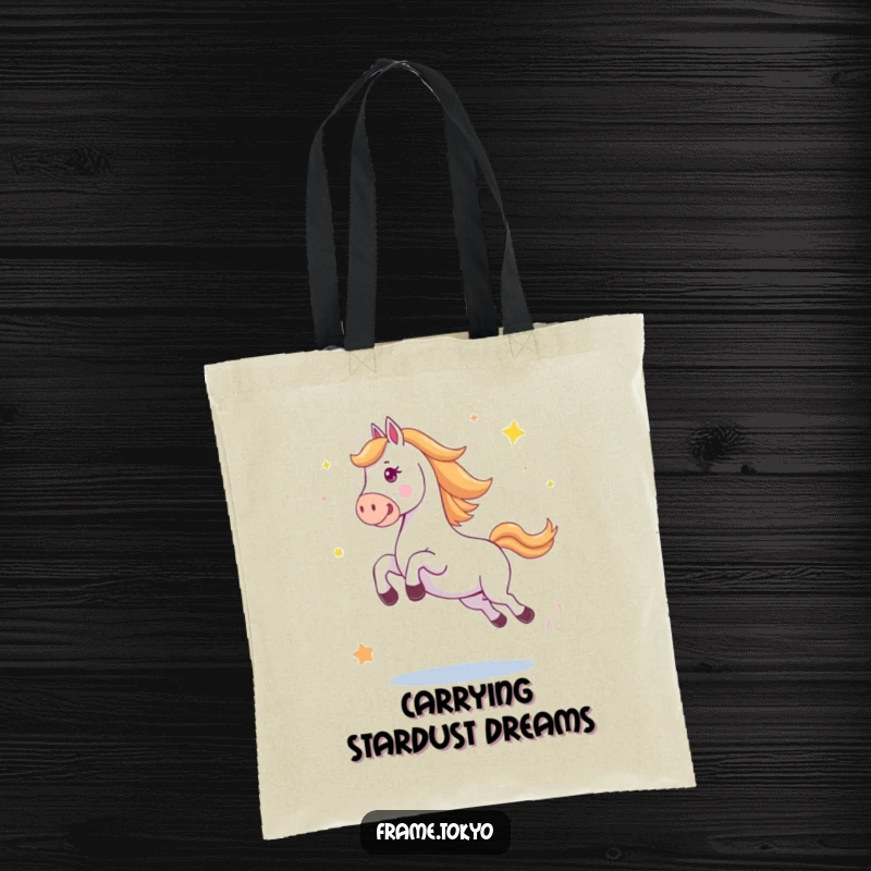 Funny horse tote bag with a design of a horse in a big, happy jump with abstract stars scattering, perfect for everyday use.