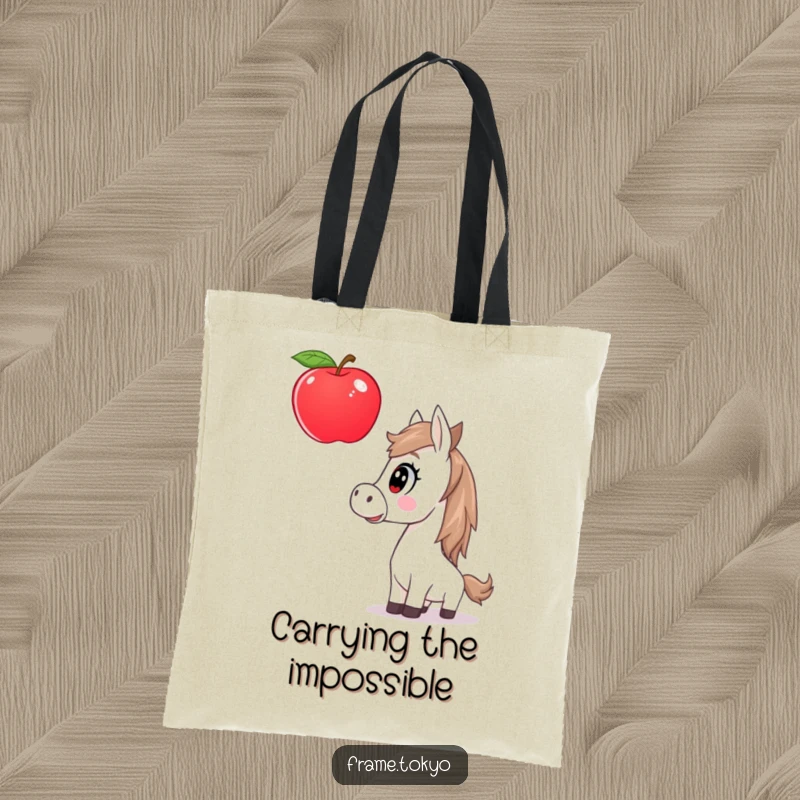 Funny horse tote bag with a design of a surprised horse encountering a giant, floating apple, perfect for daily use.