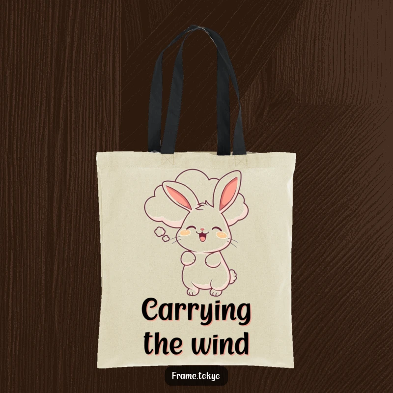 Funny tote bag art of a rabbit doing a happy wiggle, being gently guided by a smiling, fluffy cloud.