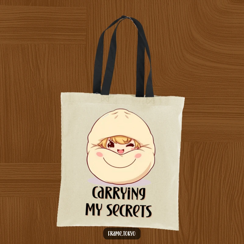 Funny dumpling sneak tote bag showing a character with a mischievous grin peeking from behind a giant, smiling dumpling.