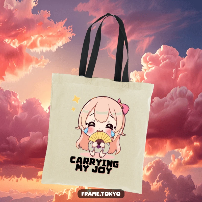 Funny tote bag featuring a character with happy tears and a fan, perfect for carrying items with humorous celebratory flair.