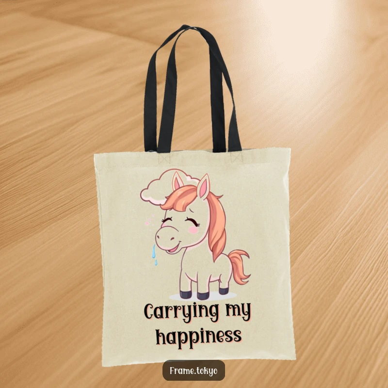 Funny horse tote bag with a design of a joyful horse and a smiling cloud gently blowing its mane, perfect for daily use.