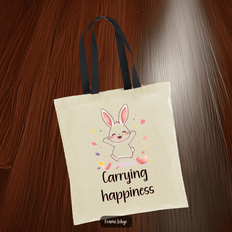 Funny Kawaii rabbit tote bag showcasing a happy rabbit leaping amidst colorful abstract petals, a stylish and cheerful accessory.