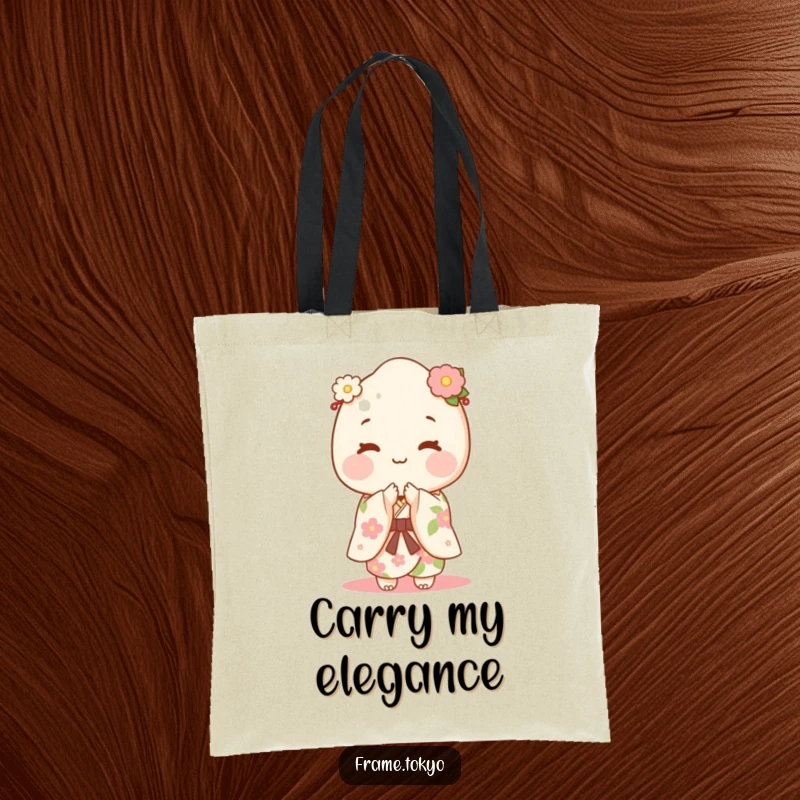 Happy mochi character in a floral kimono gracefully bowing, featured on a functional tote bag.