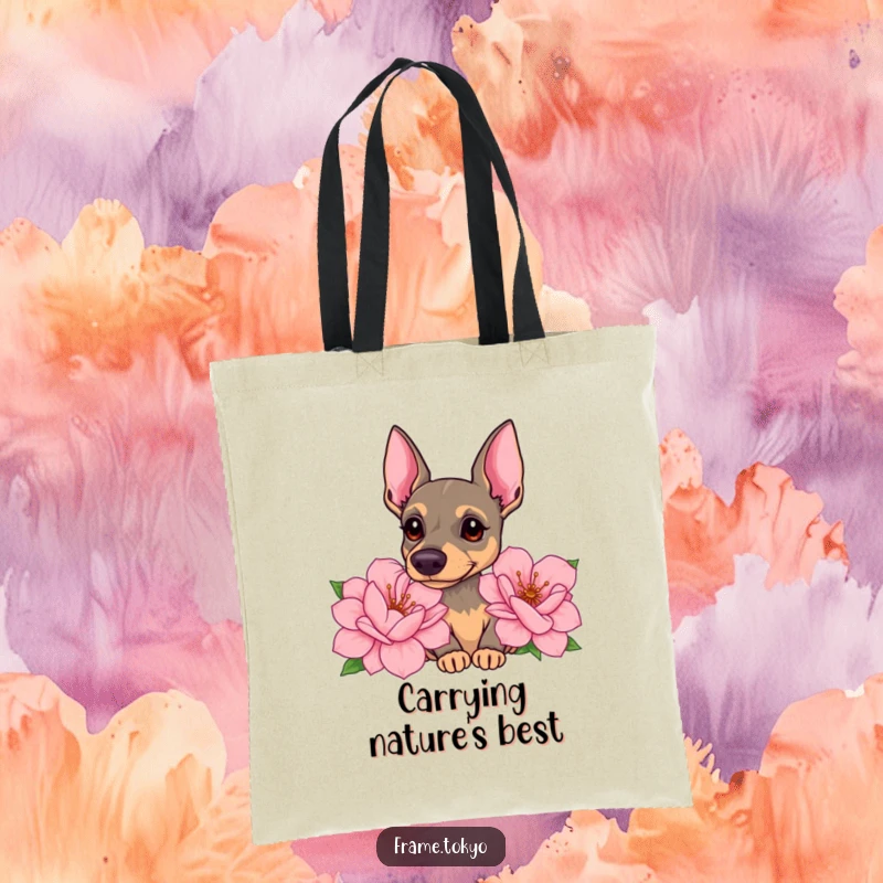 Funny pinscher tote bag showing a dog with a curious head tilt, sniffing giant, sweet-smelling flowers with gentle interest.