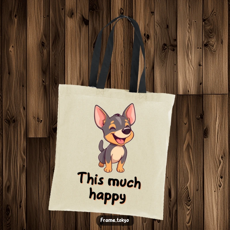 Funny pinscher tote bag showing a dog happily barking with its tail wagging furiously, ideal for carrying joy.
