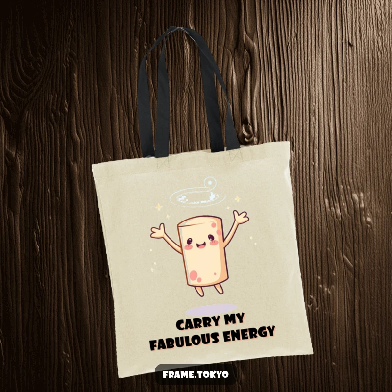 Funny cylindrical character tote bag spinning with arms outstretched, surrounded by a sparkling halo, perfect for carrying daily items.