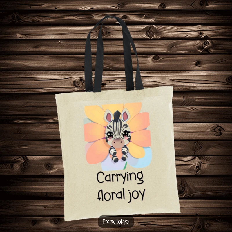 Funny zebra tote bag; a zebra with sparkling eyes peeks around a vibrant flower, ready for adventures.