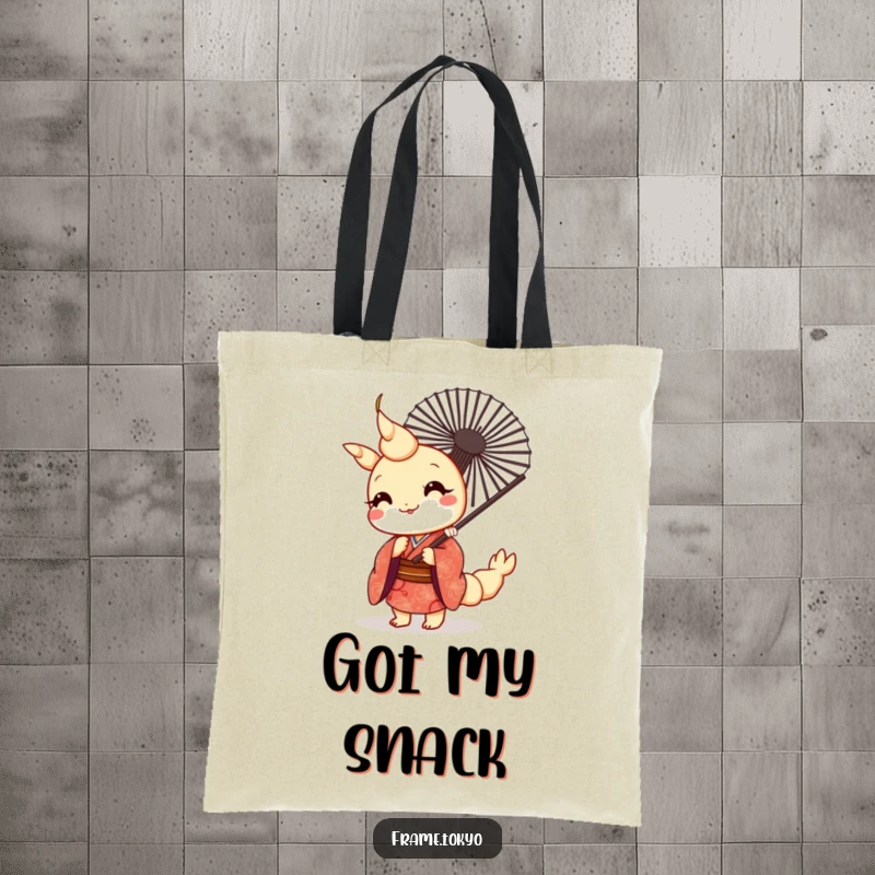 Funny kawaii tempura shrimp in a patterned kimono peeking from behind a fan, on a durable tote bag for shopping.